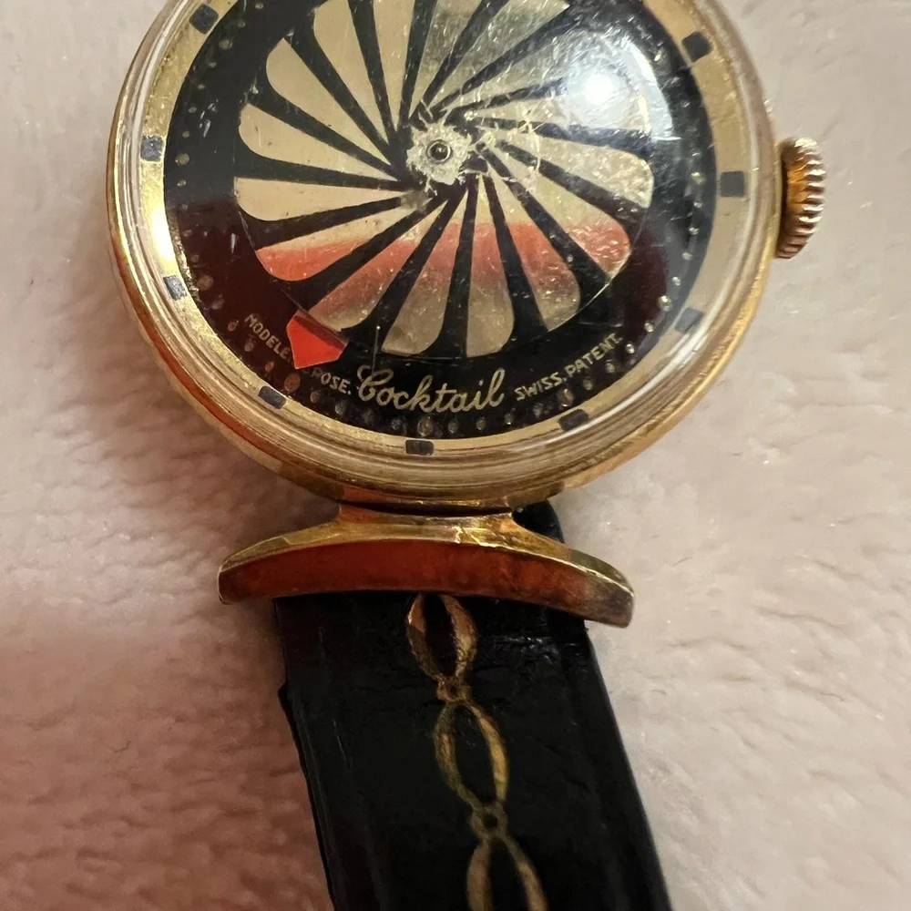 🩷 Ernest Borel 26 Gold-Plated 17🩷 Jewel Kaleidoscope Watch w/ Black Leather Band